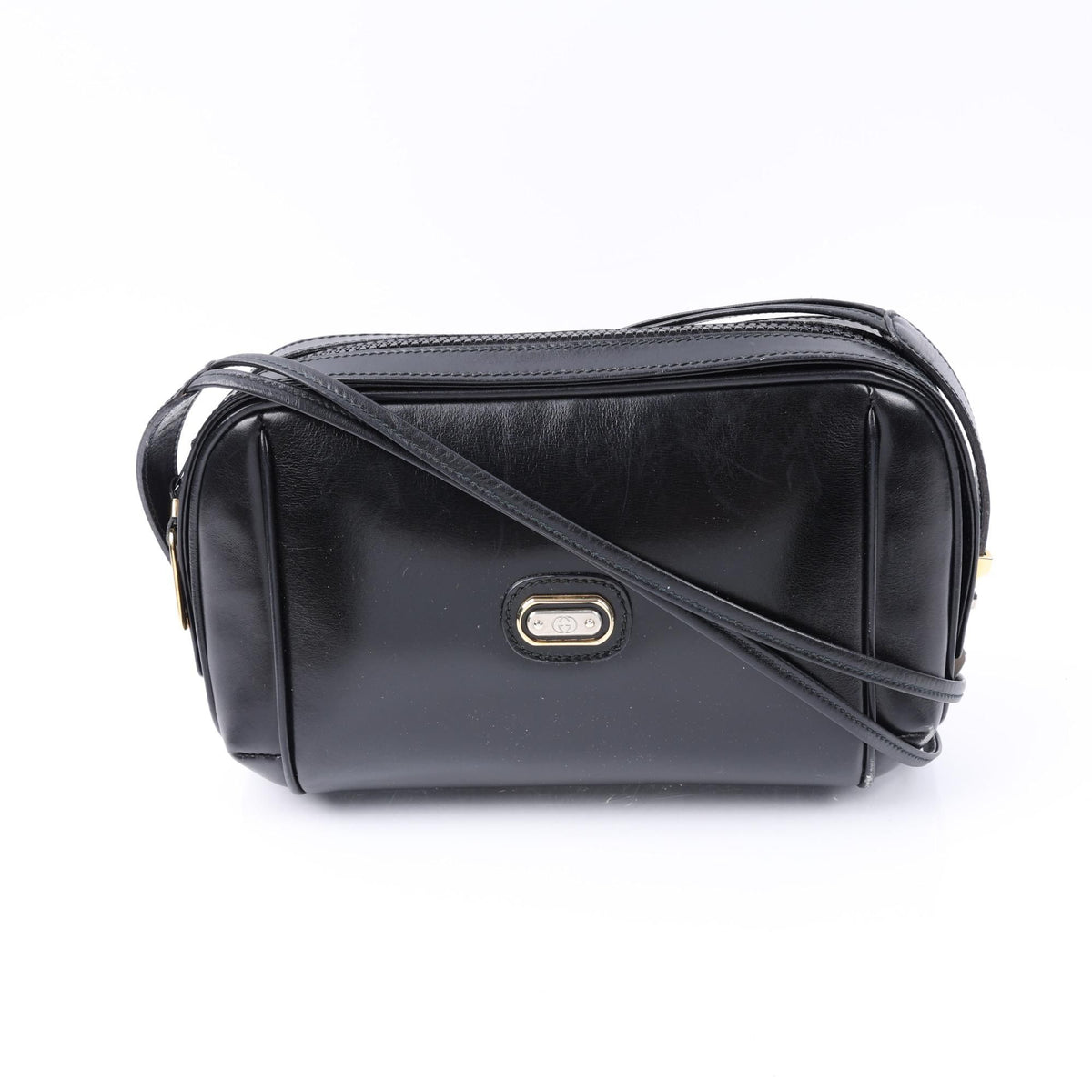 Gucci Vintage 1970's Interlocking GG Black Leather Shoulder Bag